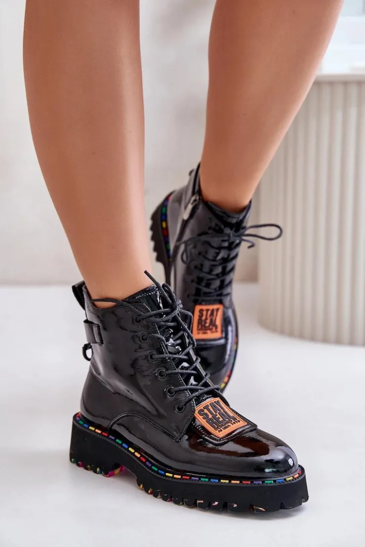 Damskie Artiker Lakierowane Botki Trapery Damskie Na Zamek Skórzane 55C0517 Czarne