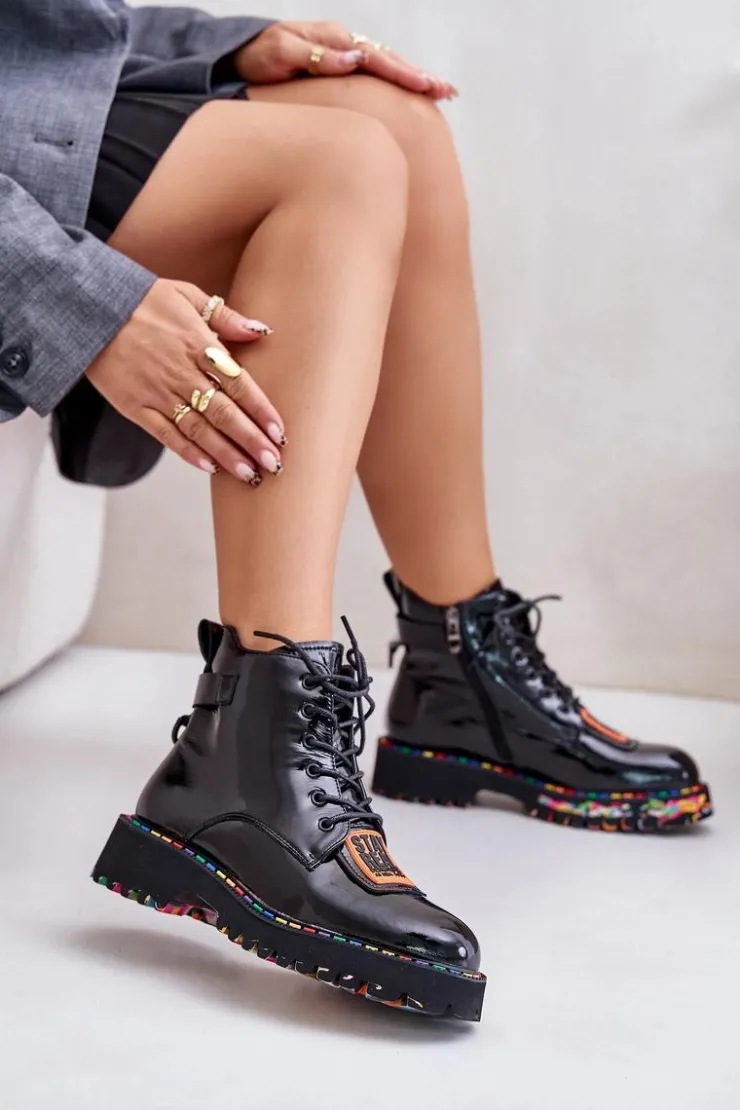 Damskie Artiker Lakierowane Botki Trapery Damskie Na Zamek Skórzane 55C0517 Czarne