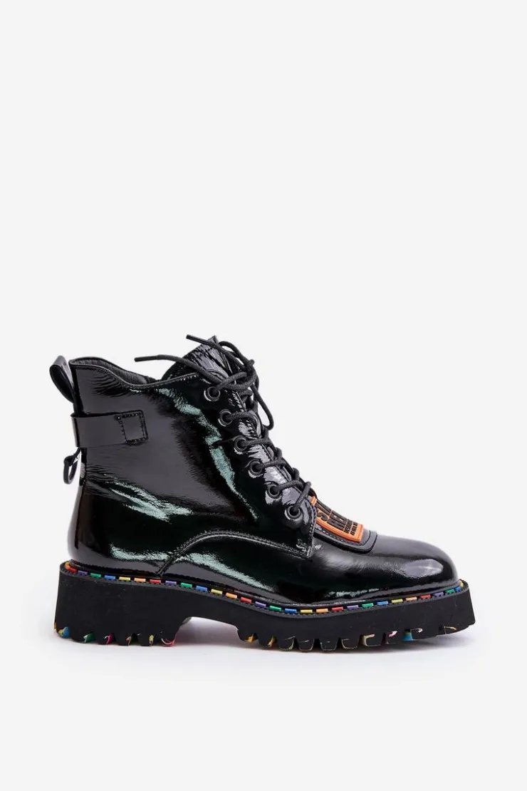 Damskie Artiker Lakierowane Botki Trapery Damskie Na Zamek Skórzane 55C0517 Czarne