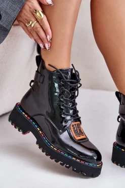 Damskie Artiker Lakierowane Botki Trapery Damskie Na Zamek Skórzane 55C0517 Czarne