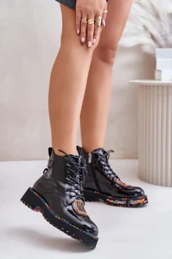 Damskie Artiker Lakierowane Botki Trapery Damskie Na Zamek Skórzane 55C0517 Czarne