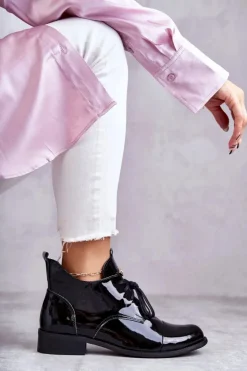 Damskie Boto Lakierowane Botki Trzewiki Sznurowane Nicole 2781 Czarne