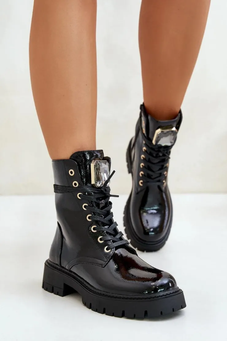 Online Boto Lakierowane Botki Workery Ocieplane Z Ozdobą Czarne Depisa