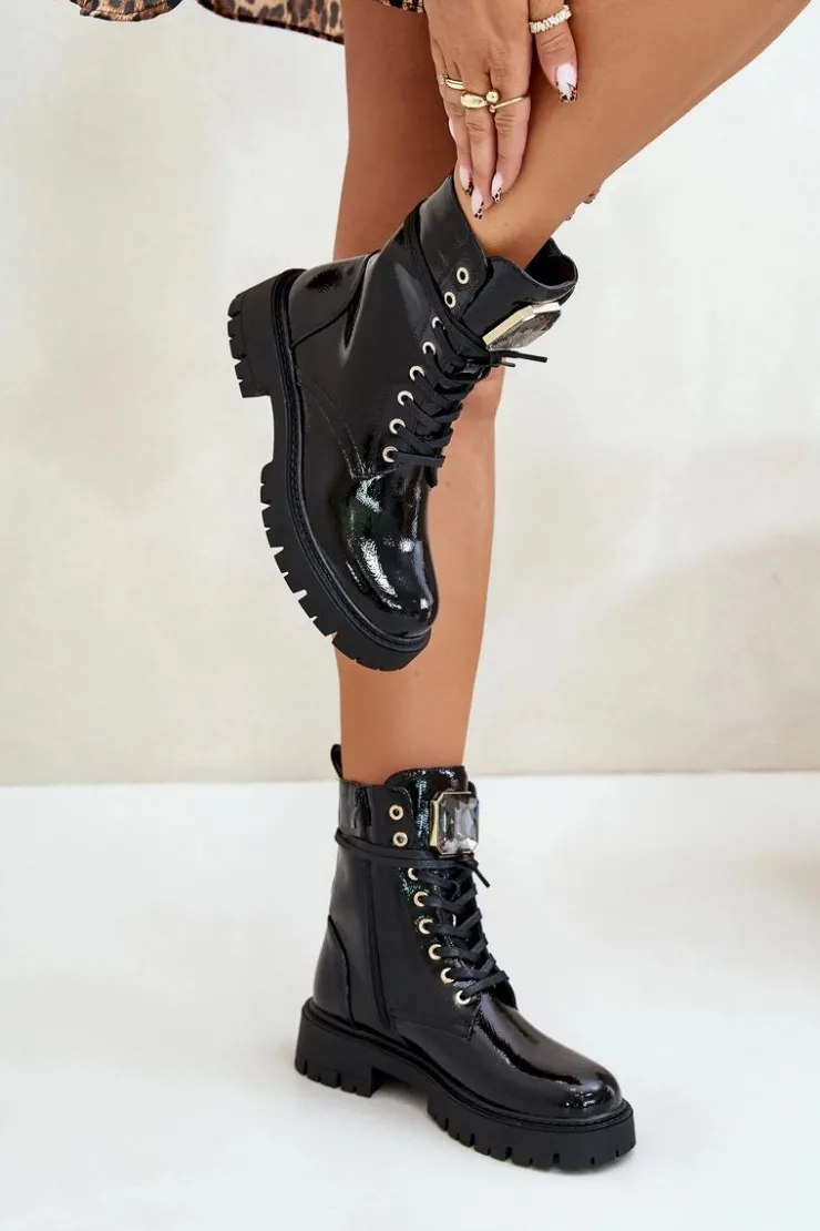 Online Boto Lakierowane Botki Workery Ocieplane Z Ozdobą Czarne Depisa