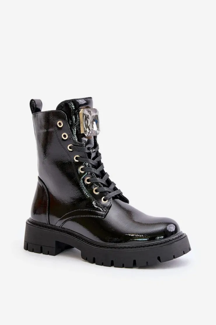 Online Boto Lakierowane Botki Workery Ocieplane Z Ozdobą Czarne Depisa
