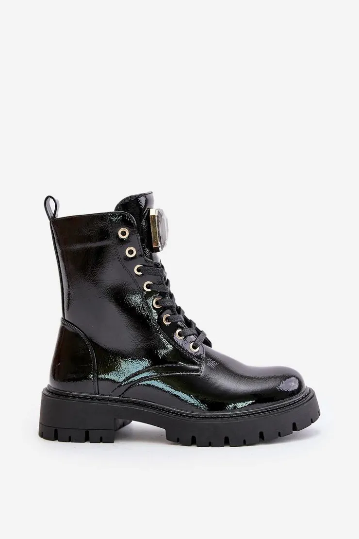 Online Boto Lakierowane Botki Workery Ocieplane Z Ozdobą Czarne Depisa