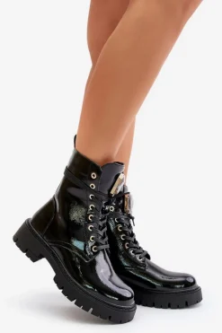 Online Boto Lakierowane Botki Workery Ocieplane Z Ozdobą Czarne Depisa