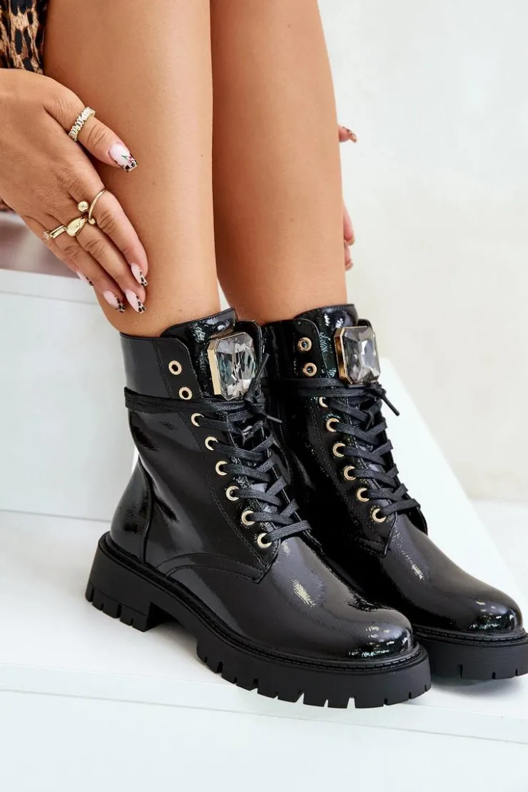 Online Boto Lakierowane Botki Workery Ocieplane Z Ozdobą Czarne Depisa