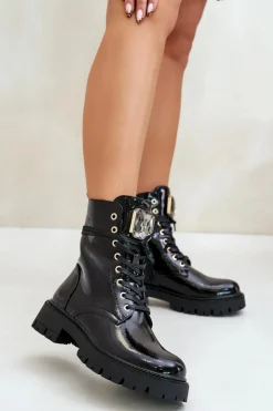 Online Boto Lakierowane Botki Workery Ocieplane Z Ozdobą Czarne Depisa