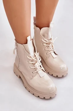 Damskie Boto Lakierowane Botki Workery Damskie Ocieplane Z Napisami Beżowe Zinfreya