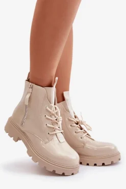 Damskie Boto Lakierowane Botki Workery Damskie Ocieplane Z Napisami Beżowe Zinfreya