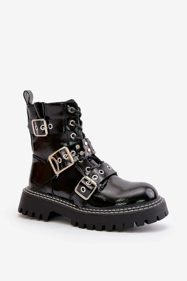 Boto Botki Sznurowane|Botki Płaskie*Lakierowane Botki Workery Z Klamrami Czarne Serizia Czarny