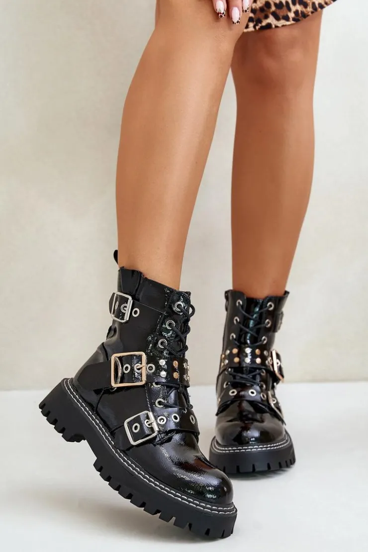 Boto Botki Sznurowane|Botki Płaskie*Lakierowane Botki Workery Z Klamrami Czarne Serizia Czarny