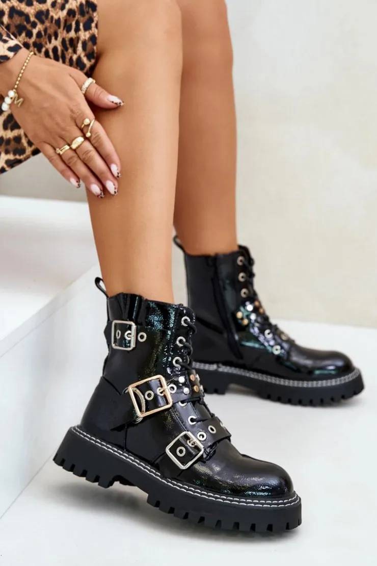 Boto Botki Sznurowane|Botki Płaskie*Lakierowane Botki Workery Z Klamrami Czarne Serizia Czarny