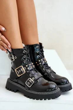 Boto Botki Sznurowane|Botki Płaskie*Lakierowane Botki Workery Z Klamrami Czarne Serizia Czarny