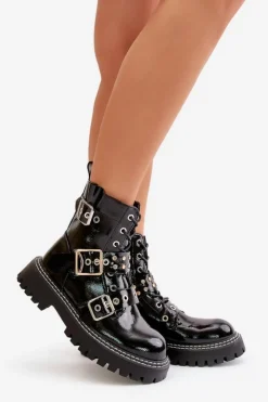 Boto Botki Sznurowane|Botki Płaskie*Lakierowane Botki Workery Z Klamrami Czarne Serizia Czarny