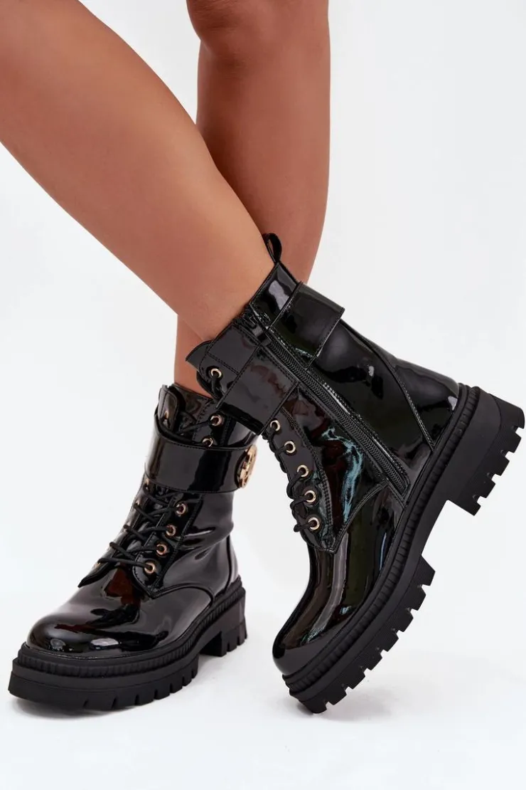 Damskie Boto Lakierowane Botki Workery Damskie Ze Złotym Detalem Ocieplane Czarne Fiorena