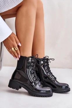 Clearance Boto Lakierowane Botki Workery Na Zamek Ocieplane Czarne Ravanthia