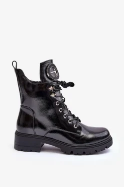 Buty damskie Vinceza Botki Płaskie|Botki Workery*Lakierowane Botki Workery Z Ozdobą Czarne Emmber