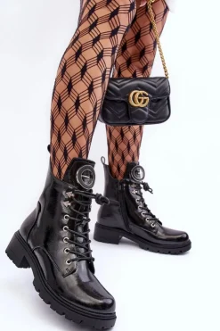 Buty damskie Vinceza Botki Płaskie|Botki Workery*Lakierowane Botki Workery Z Ozdobą Czarne Emmber