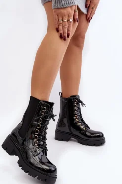 Damskie Boto Lakierowane Botki Workery Damskie Czarne Charmea