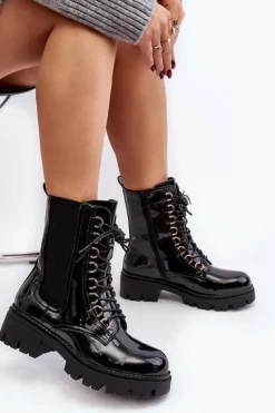 Damskie Boto Lakierowane Botki Workery Damskie Czarne Charmea