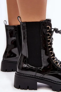 Damskie Boto Lakierowane Botki Workery Damskie Czarne Charmea