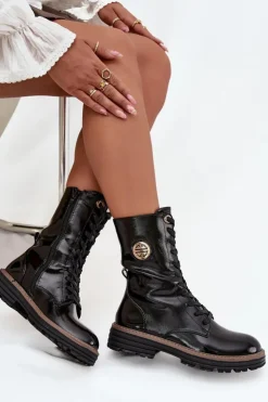 Damskie Boto Lakierowane Botki Workery Damskie Ze Złotym Detalem Ocieplane Czarne Dorialine