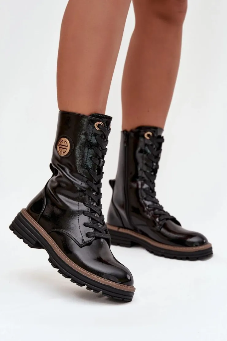 Damskie Boto Lakierowane Botki Workery Damskie Ze Złotym Detalem Ocieplane Czarne Dorialine