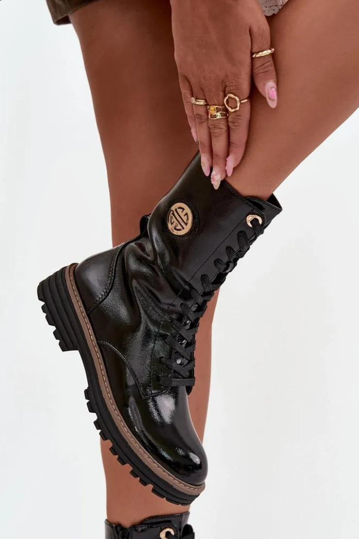 Damskie Boto Lakierowane Botki Workery Damskie Ze Złotym Detalem Ocieplane Czarne Dorialine