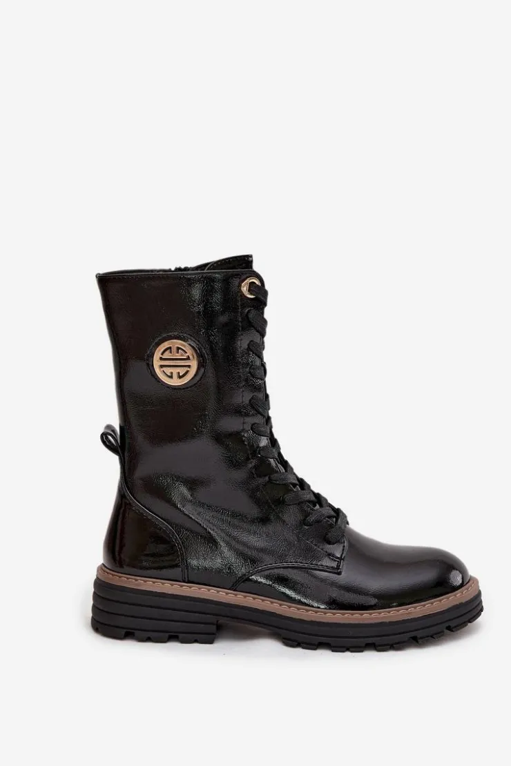 Damskie Boto Lakierowane Botki Workery Damskie Ze Złotym Detalem Ocieplane Czarne Dorialine