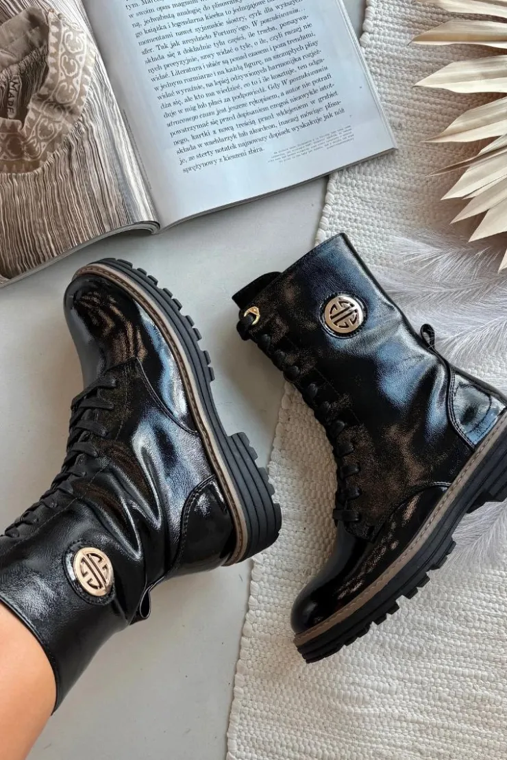 Damskie Boto Lakierowane Botki Workery Damskie Ze Złotym Detalem Ocieplane Czarne Dorialine