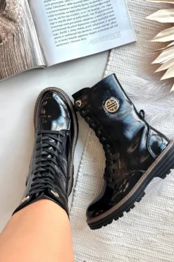 Damskie Boto Lakierowane Botki Workery Damskie Ze Złotym Detalem Ocieplane Czarne Dorialine