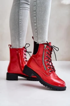 Boto Botki Sznurowane|Botki Płaskie*Lakierowane Botki Workery Na Zamek Ocieplane Czerwone Ravanthia