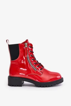 Boto Botki Sznurowane|Botki Płaskie*Lakierowane Botki Workery Na Zamek Ocieplane Czerwone Ravanthia