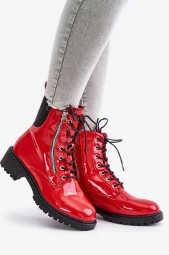Boto Botki Sznurowane|Botki Płaskie*Lakierowane Botki Workery Na Zamek Ocieplane Czerwone Ravanthia
