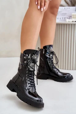 Clearance Damskie buty S.Barski Lakierowane Botki Workery Ze Zdobieniem Ocieplane D&A MR880-080 Czarne Czarny