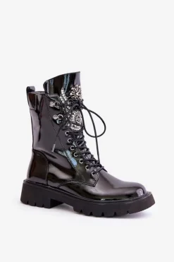 Clearance Damskie buty S.Barski Lakierowane Botki Workery Ze Zdobieniem Ocieplane D&A MR880-080 Czarne Czarny