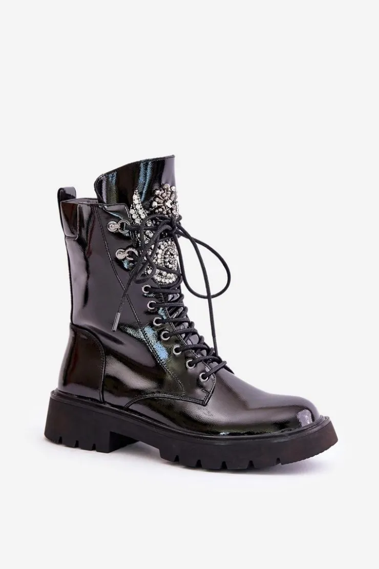 Clearance Damskie buty S.Barski Lakierowane Botki Workery Ze Zdobieniem Ocieplane D&A MR880-080 Czarne Czarny