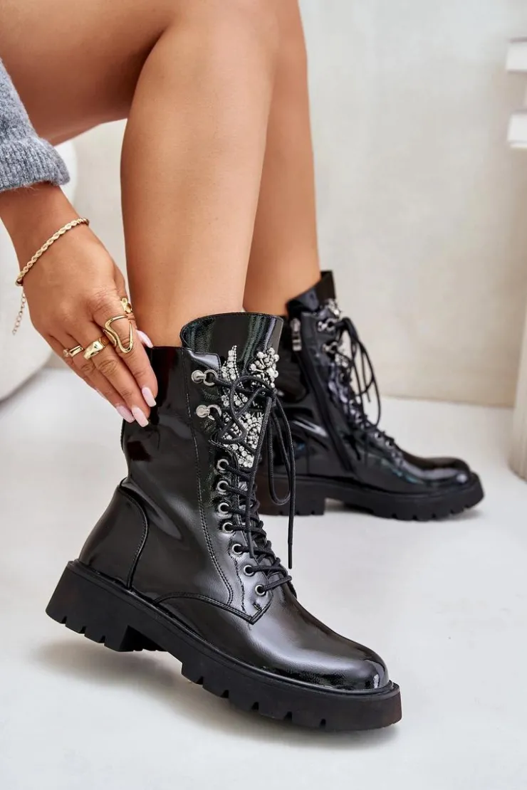 Clearance Damskie buty S.Barski Lakierowane Botki Workery Ze Zdobieniem Ocieplane D&A MR880-080 Czarne Czarny