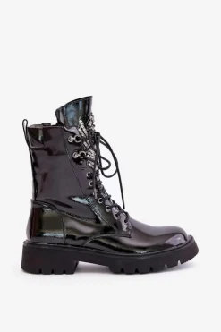 Clearance Damskie buty S.Barski Lakierowane Botki Workery Ze Zdobieniem Ocieplane D&A MR880-080 Czarne Czarny