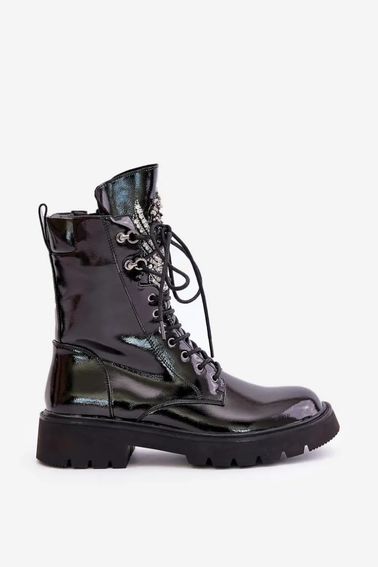 Clearance Damskie buty S.Barski Lakierowane Botki Workery Ze Zdobieniem Ocieplane D&A MR880-080 Czarne Czarny