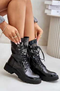 Clearance Damskie buty S.Barski Lakierowane Botki Workery Ze Zdobieniem Ocieplane D&A MR880-080 Czarne Czarny