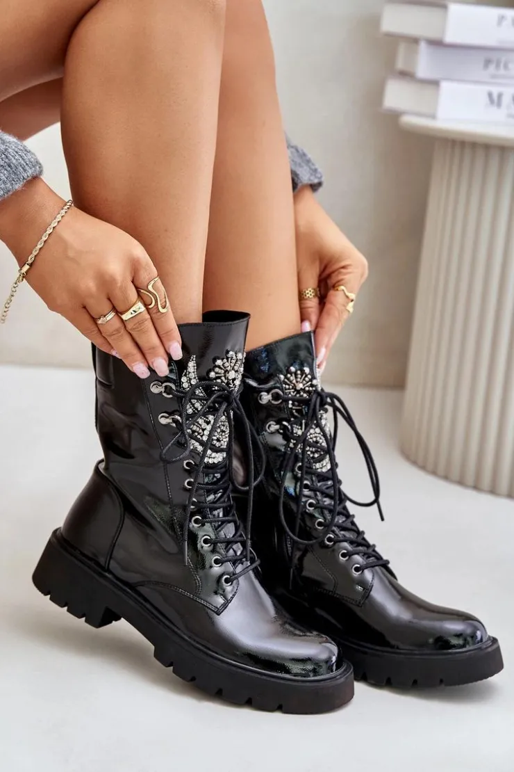 Clearance Damskie buty S.Barski Lakierowane Botki Workery Ze Zdobieniem Ocieplane D&A MR880-080 Czarne Czarny