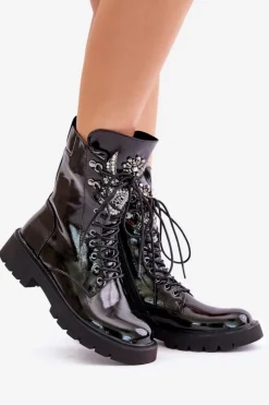 Clearance Damskie buty S.Barski Lakierowane Botki Workery Ze Zdobieniem Ocieplane D&A MR880-080 Czarne Czarny