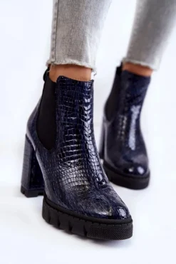Sale Boto Lakierowane Botki Wężowy Wzór Na Słupku Granatowe Eldey