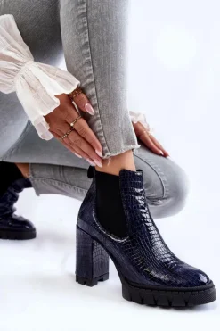 Sale Boto Lakierowane Botki Wężowy Wzór Na Słupku Granatowe Eldey