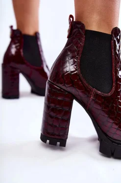 Boto Botki Ocieplane|Damskie Trapery*Lakierowane Botki Wężowy Wzór Na Słupku Bordowe Eldey Czerwony