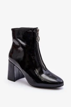 Boto Botki Na Słupku|Czarne Botki*Lakierowane Botki Z Ozdobnym Zamkiem Czarne Sevil