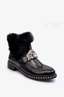 Clearance Damskie buty S.Barski Lakierowane Botki Z Ozdobą I Futerkiem S.Barski MR870-73 Czarne